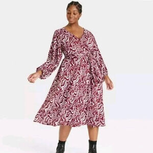 NWT Ava & Viv Women's Swirl Balloon Sleeves Midi Belted Dress X 14W